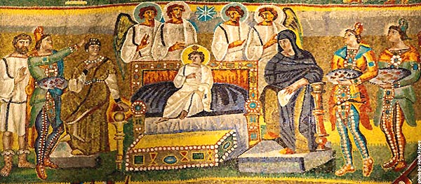 mosaic of magi bringing gifts
        to the Christ child